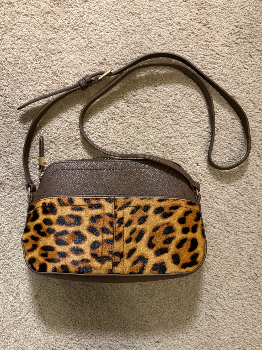 Talbots Ellis leopard print crossbody bag calf hair leather chocolate brown